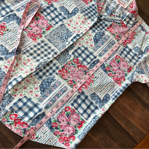 Vintage PennyLane Patchwork Look Button Front Short Sleeve Top Large Flawed - Picture 11 of 13